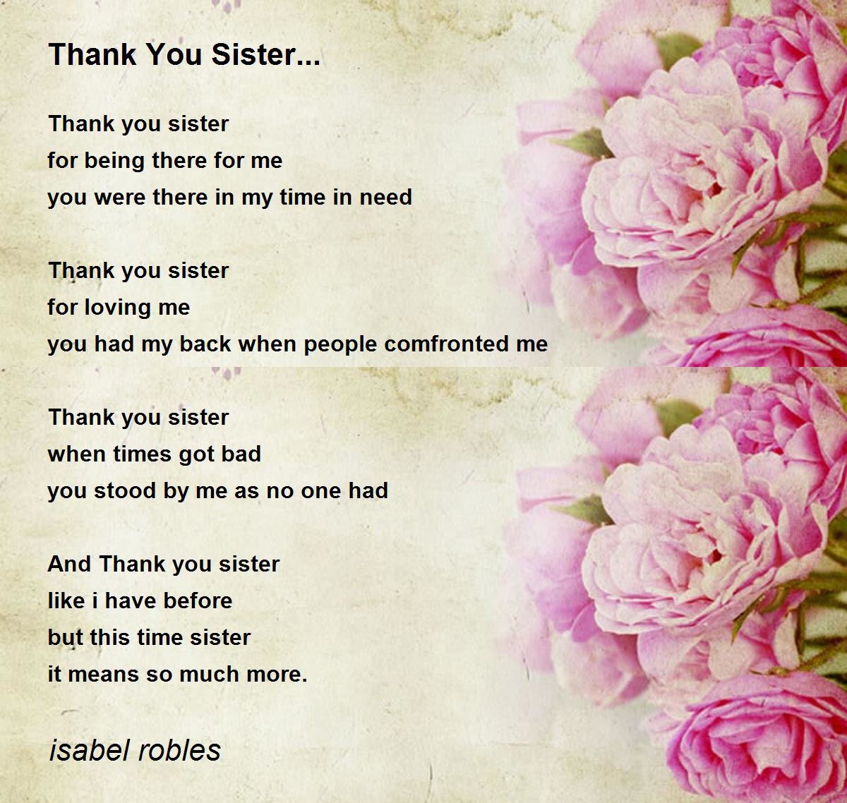 Thank You Sister... - Thank You Sister... Poem by isabel robles
