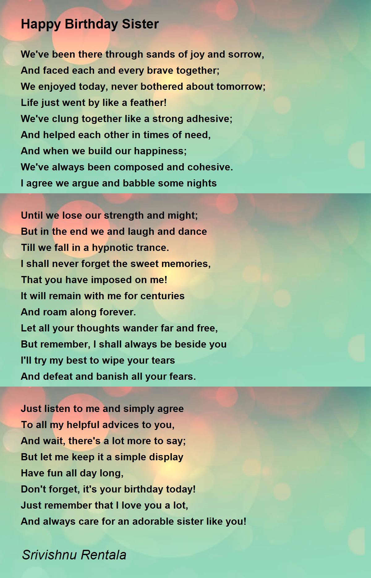 Happy Birthday Sister - Happy Birthday Sister Poem by Srivishnu Rentala