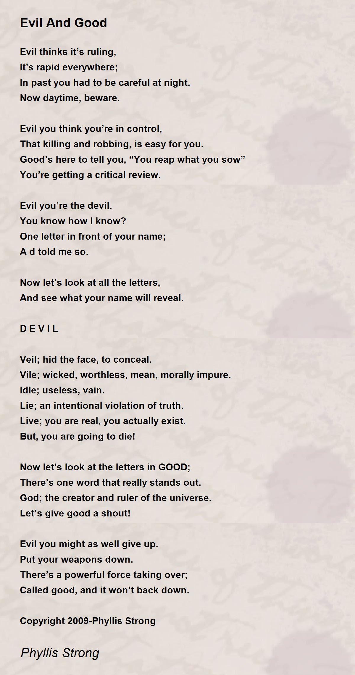 Evil And Good Poem By Phyllis Strong
