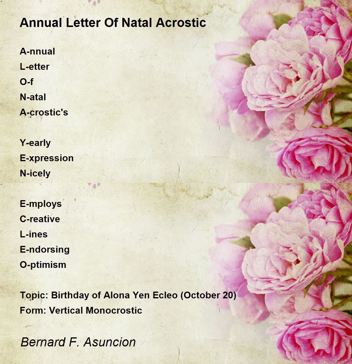 Annual Letter Of Natal Acrostic - Annual Letter Of Natal Acrostic Poem by  Bernard F. Asuncion