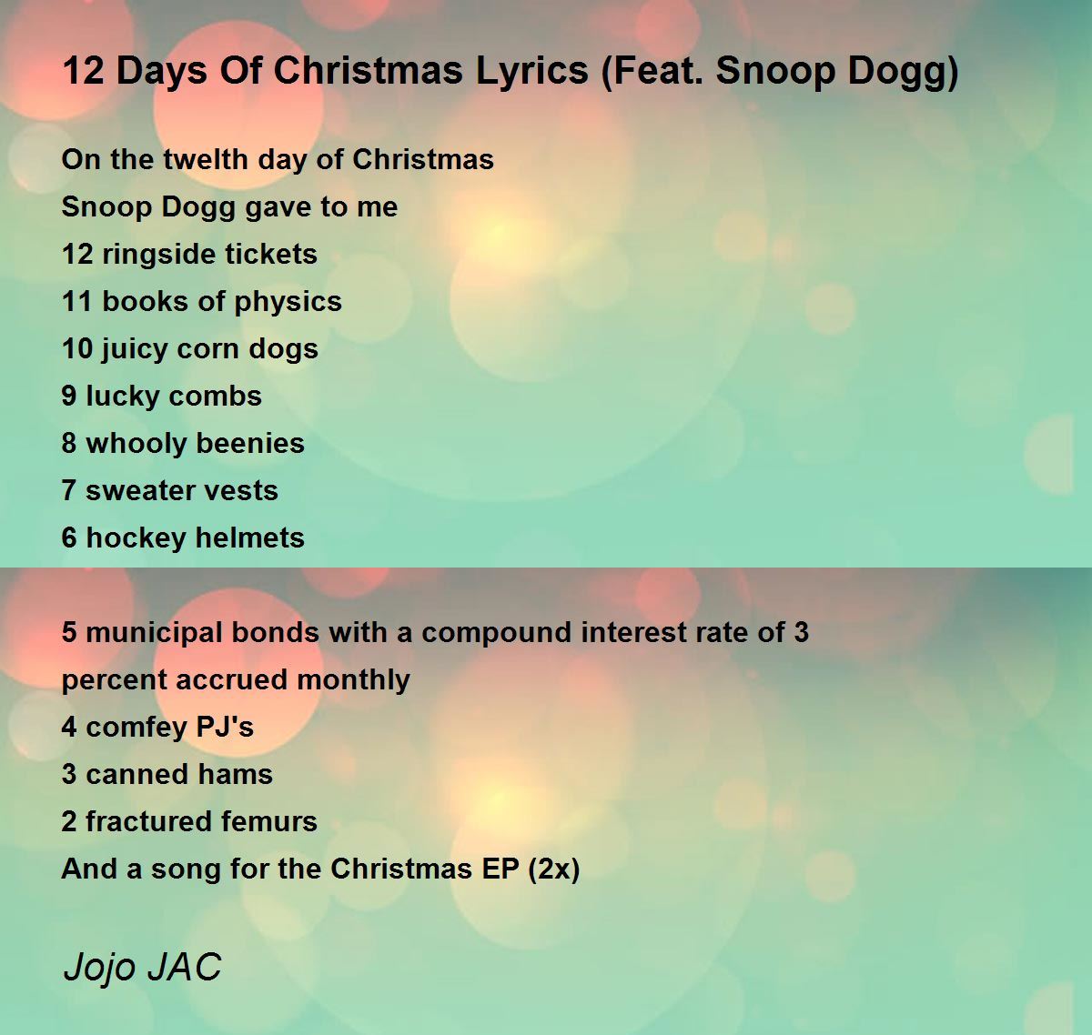 12 Days Of Christmas Lyrics (Feat. Snoop Dogg) - 12 Days Of Christmas Lyrics  (Feat. Snoop Dogg) Poem by Jojo JAC