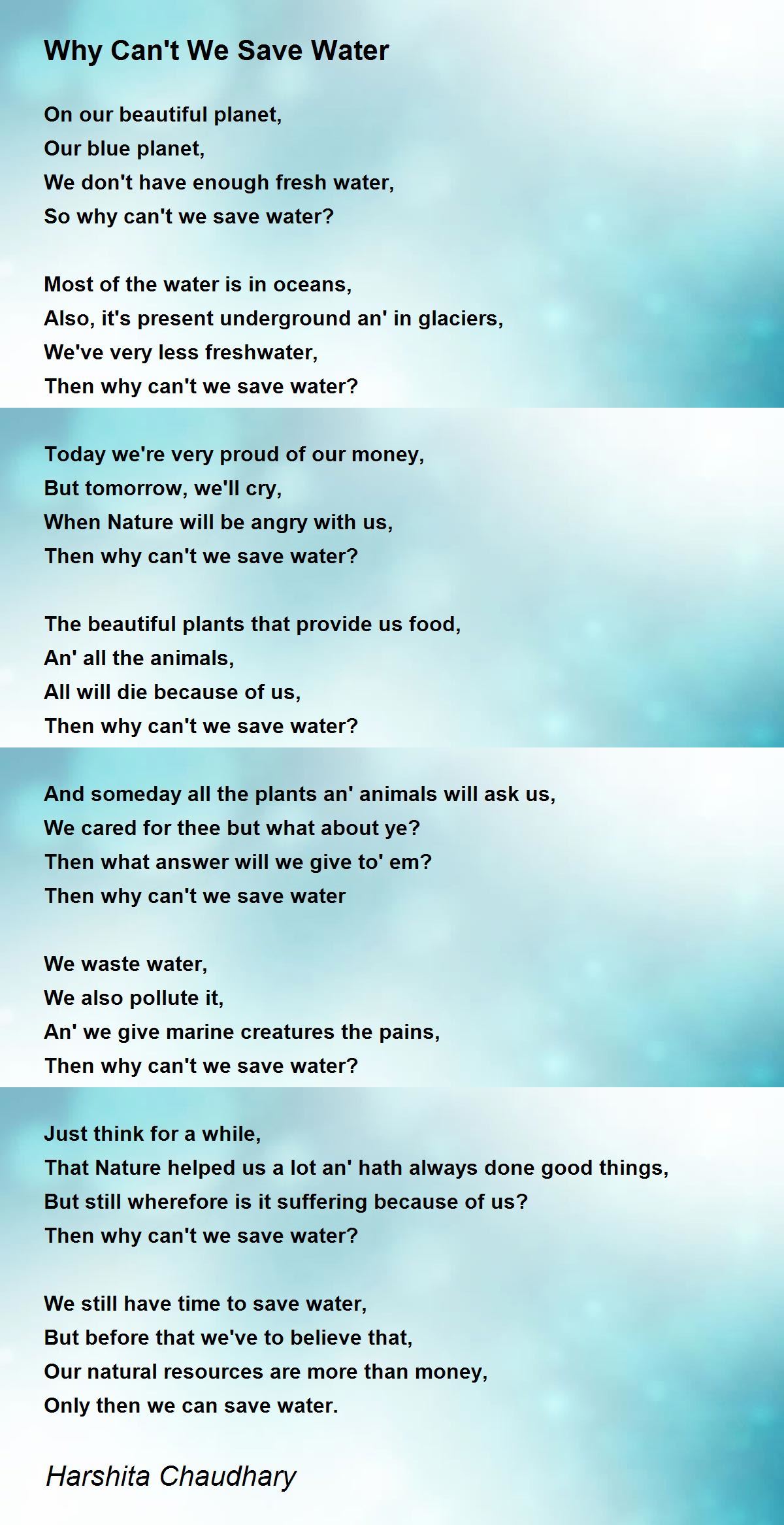 Why Can't We Save Water - Why Can't We Save Water Poem by Harshita Chaudhary