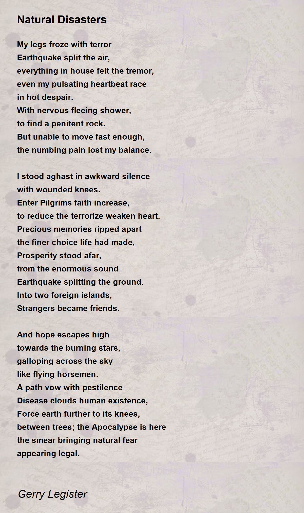 Natural Disasters Poem By Gerry Legister