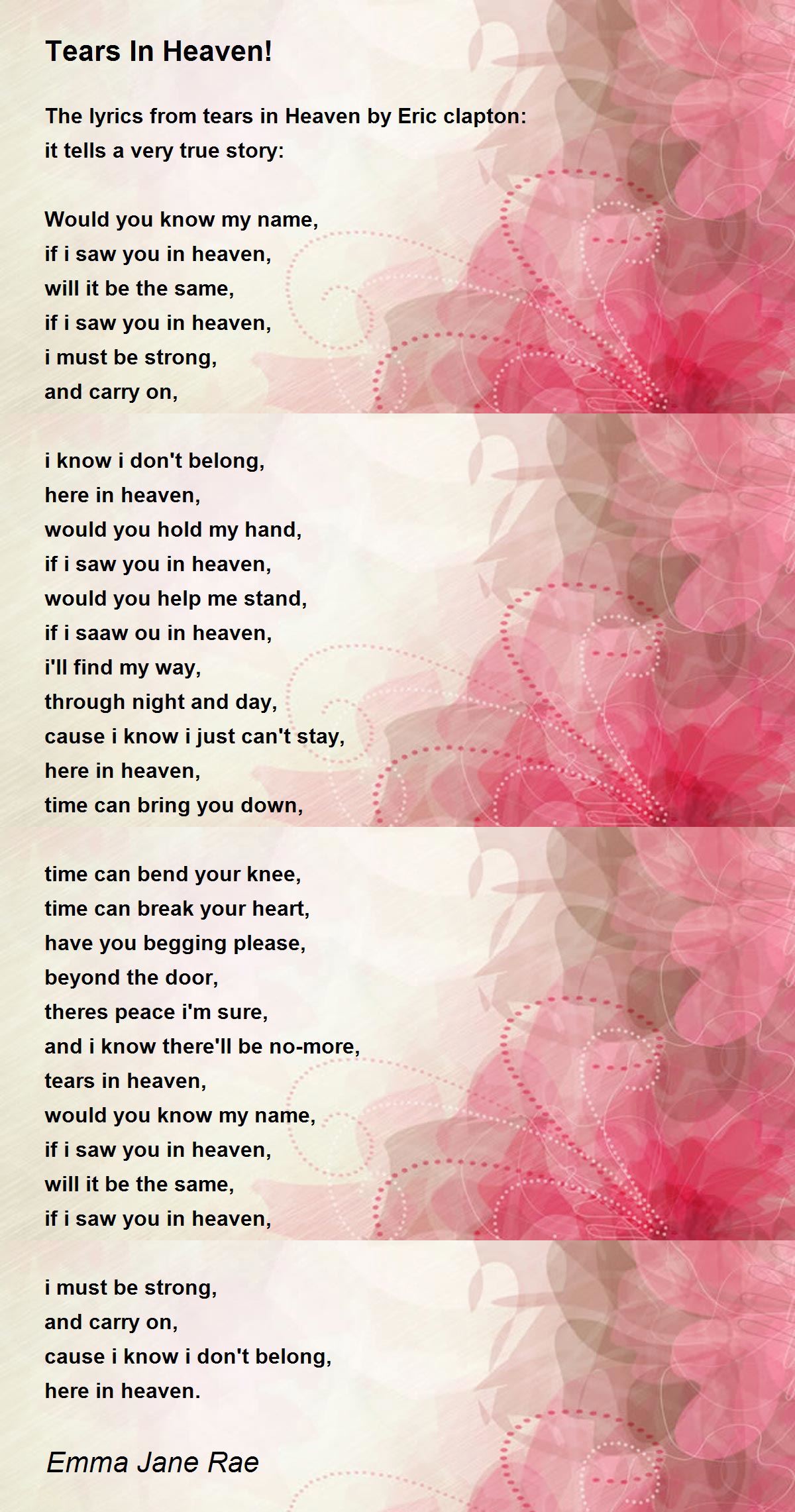 Tears In Heaven  Pink History Lyrics