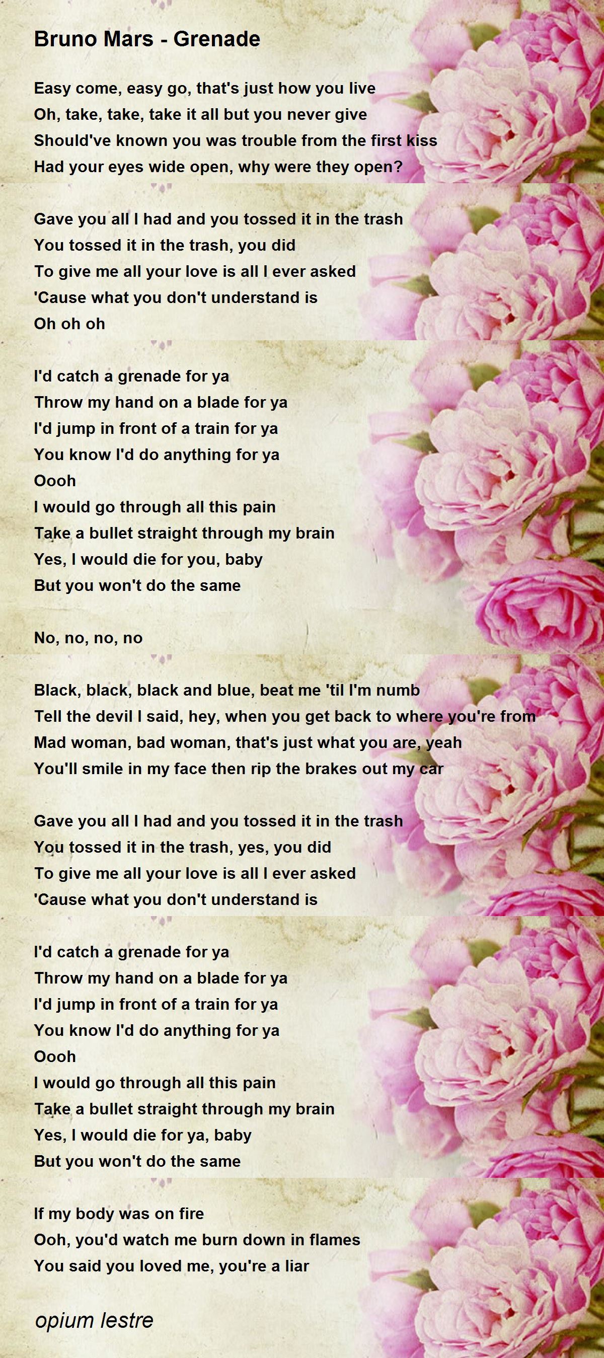 Bruno Mars Grenade Lyrics Bruno Mars Grenade Lyrics