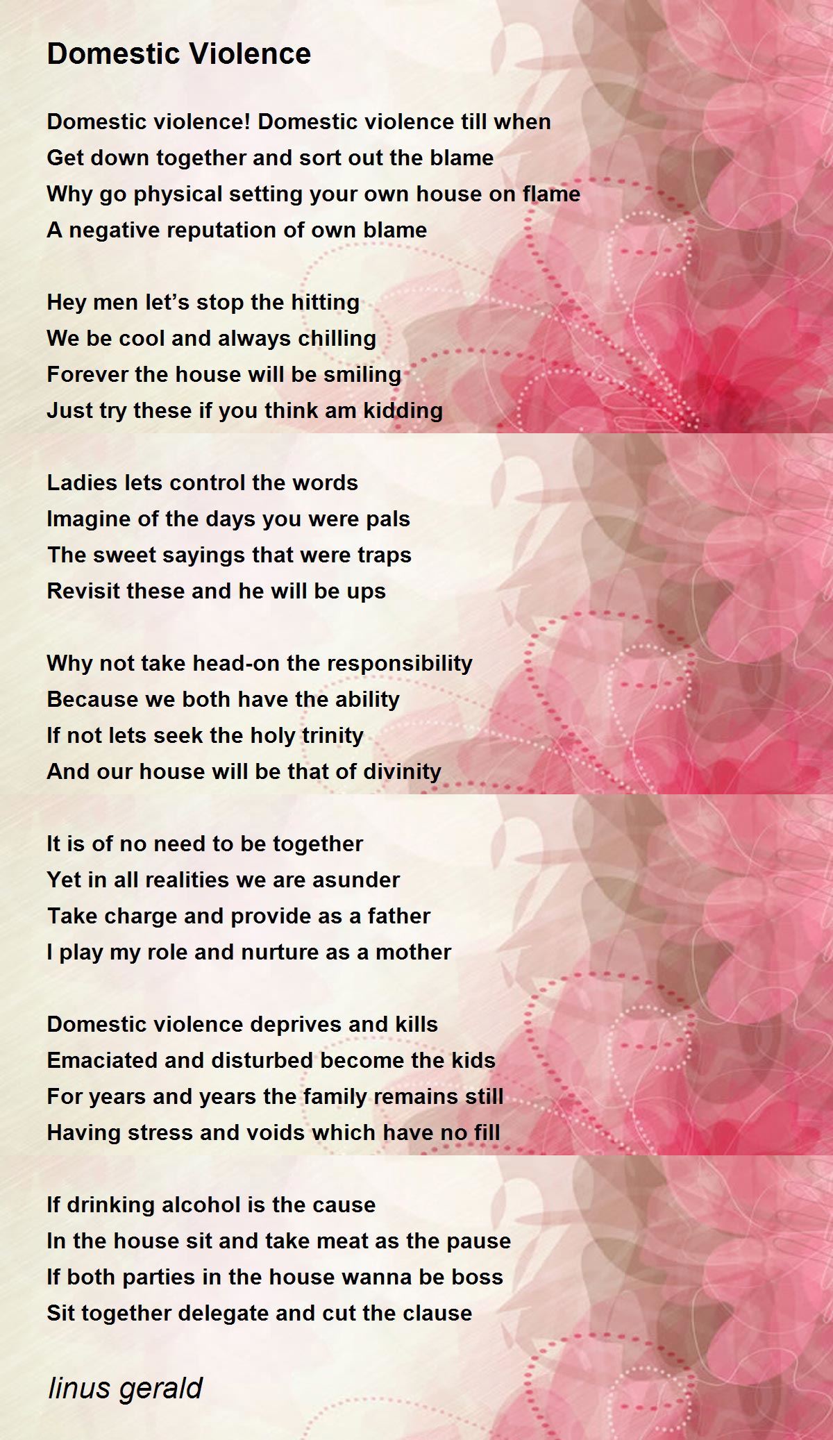 Domestic Violence Poem By Linus Gerald
