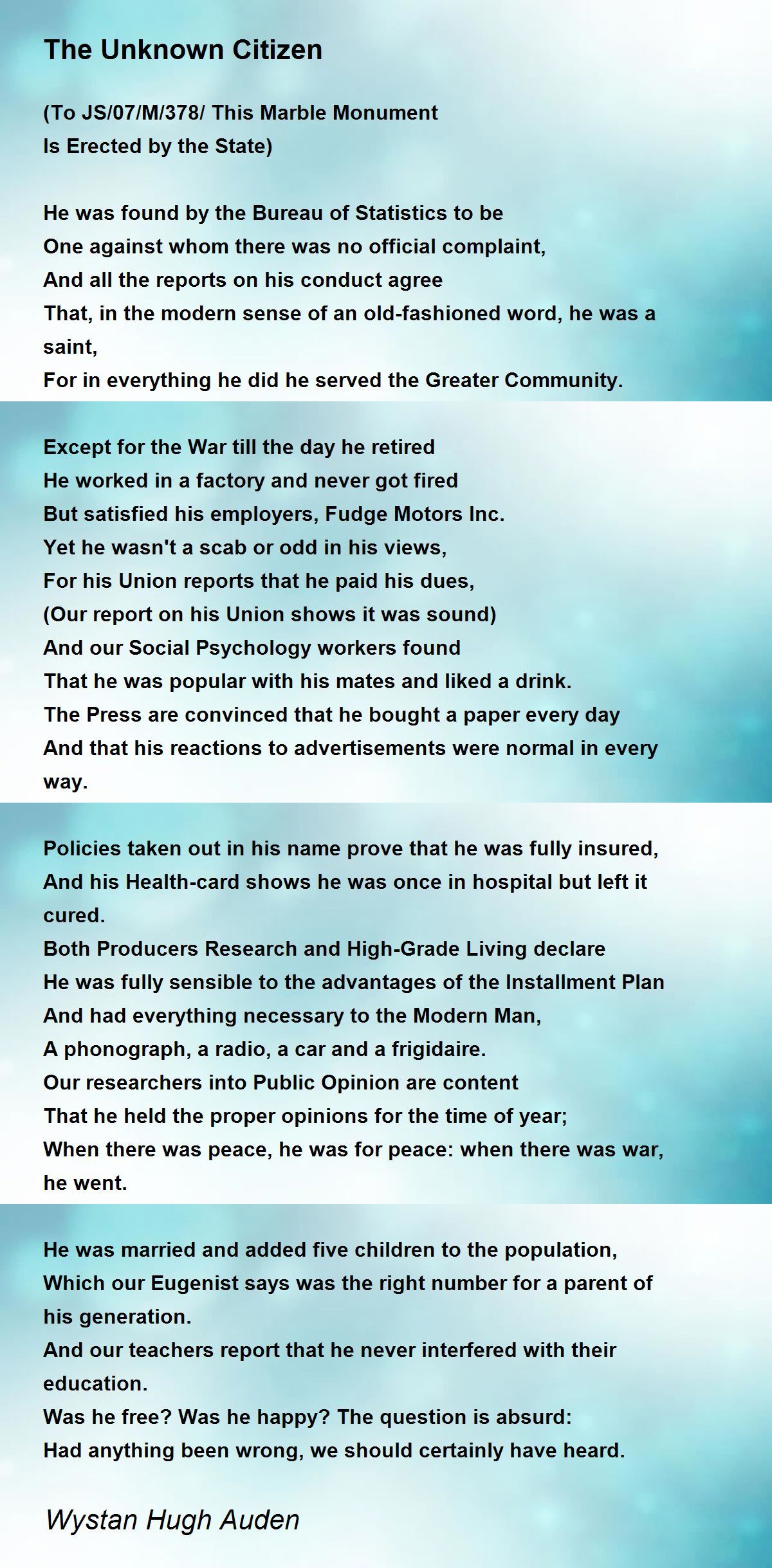 The Unknown Citizen - The Unknown Citizen Poem by Wystan Hugh Auden