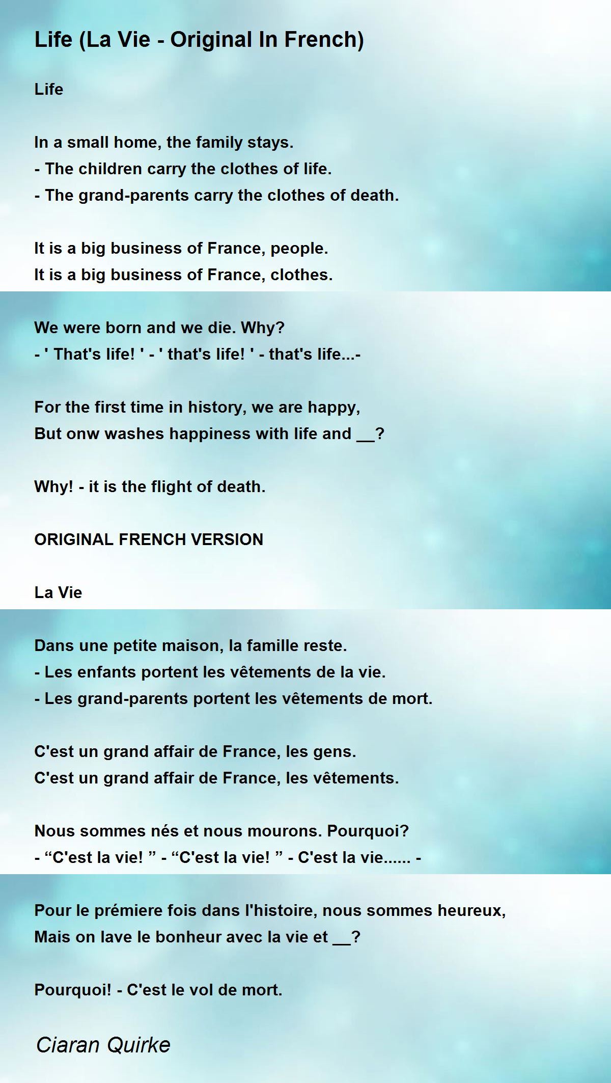 Life La Vie Original In French Poem