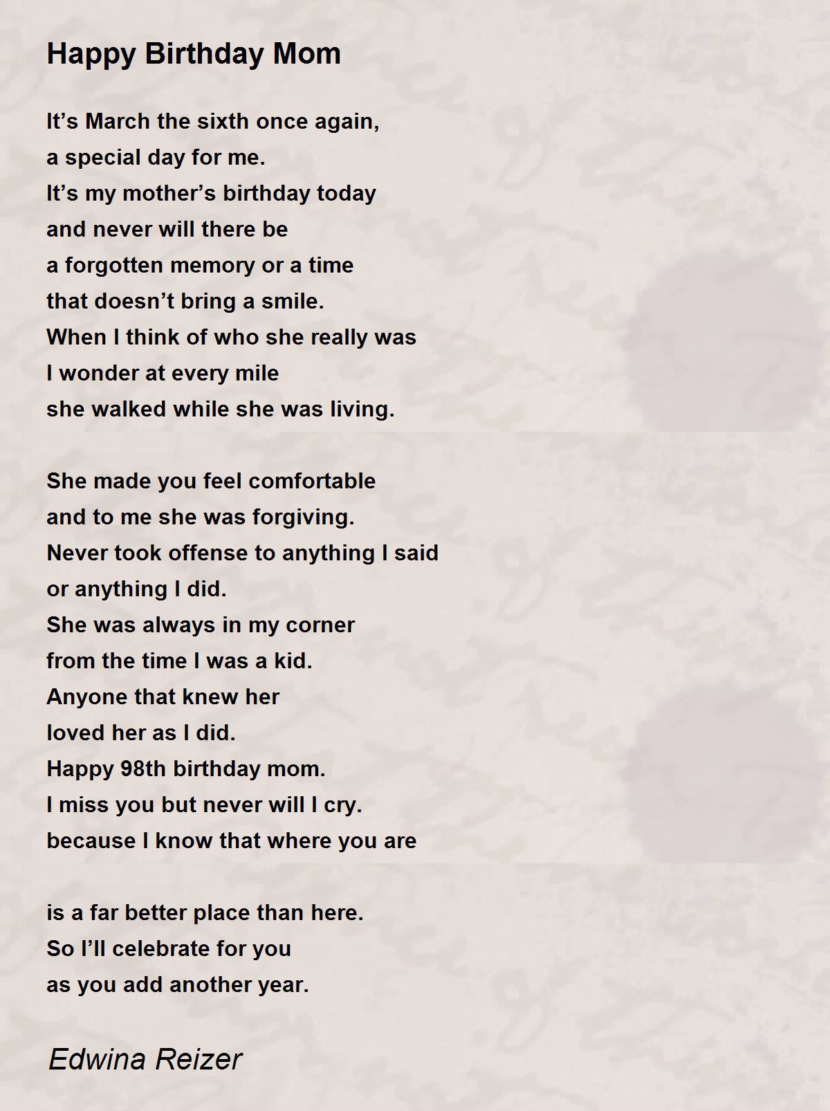 Happy Birthday Mom - Happy Birthday Mom Poem by Edwina Reizer