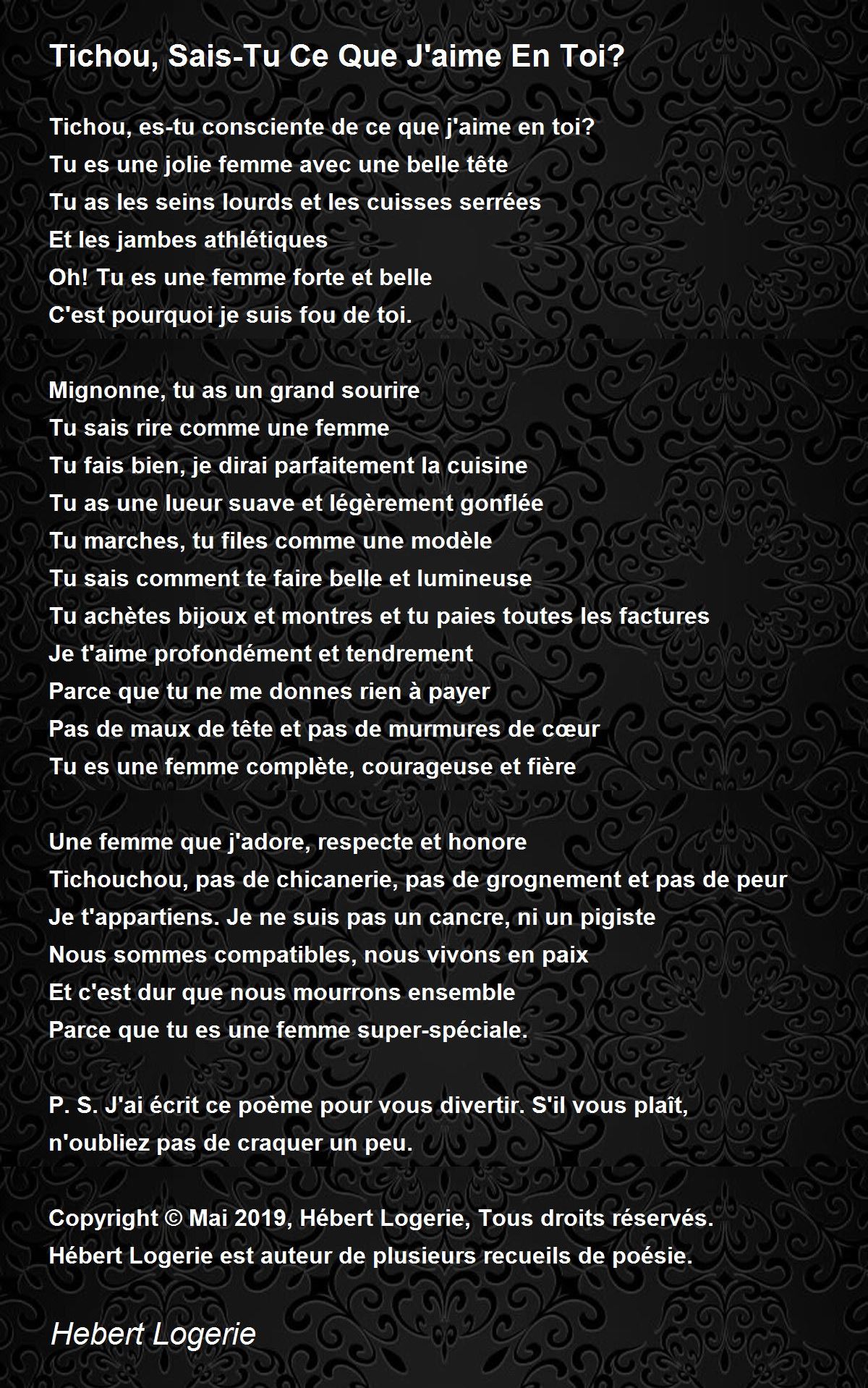 Tu Es Une Femme Forte Et Courageuse Texte Tichou, Sais-Tu Ce Que J'aime En Toi? - Tichou, Sais-Tu Ce Que J'aime En  Toi? Poem by Hebert Logerie