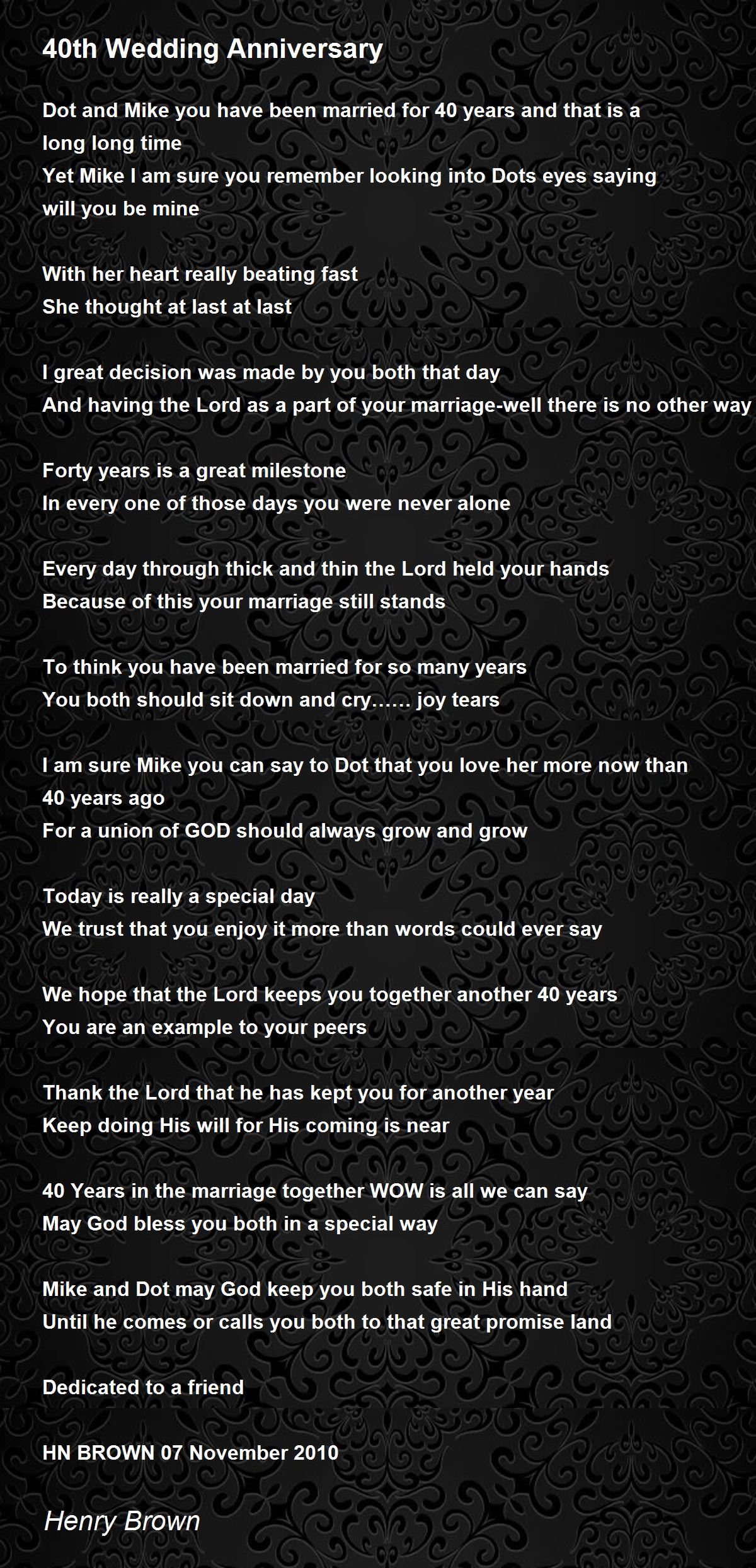 40th Wedding Anniversary - 40th Wedding Anniversary Poem by Henry Brown