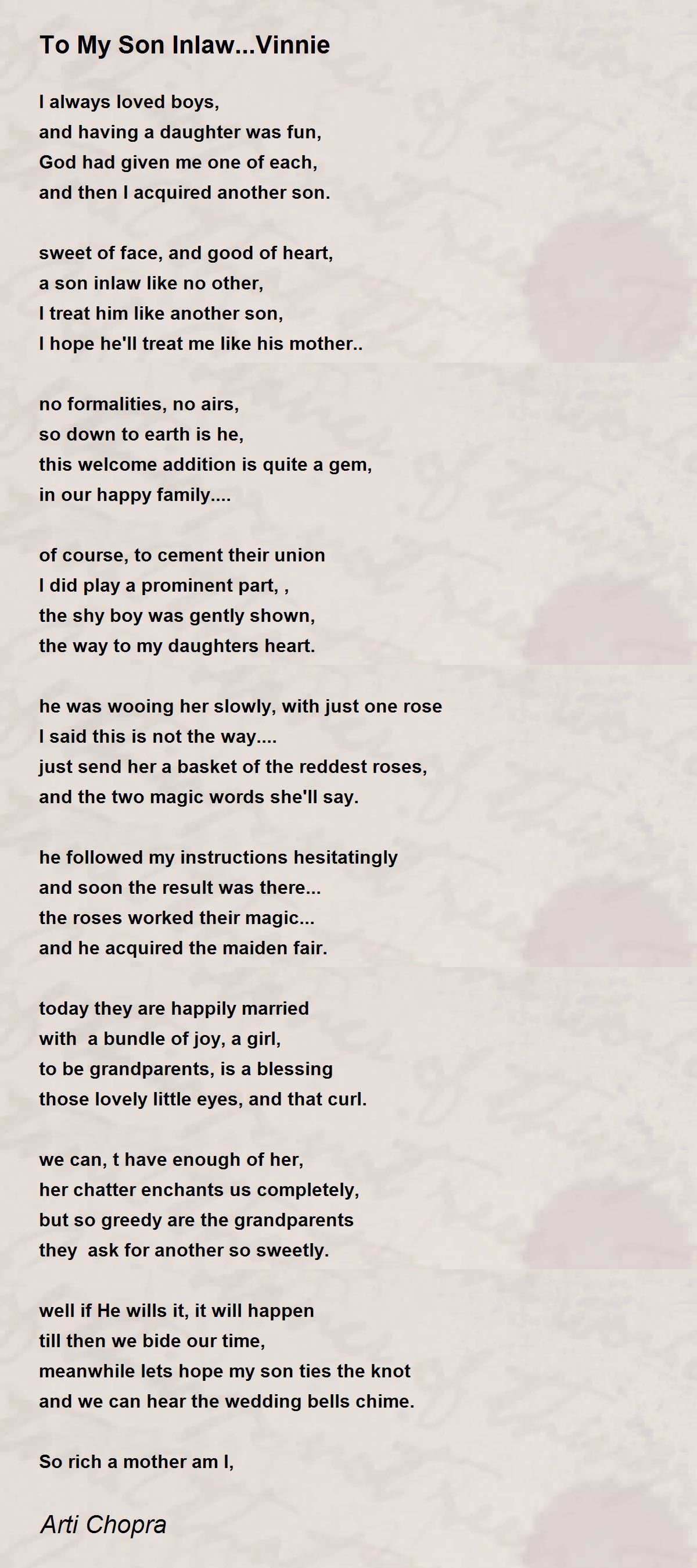 My Son Inlaw Vinnie Poem By Arti Chopra