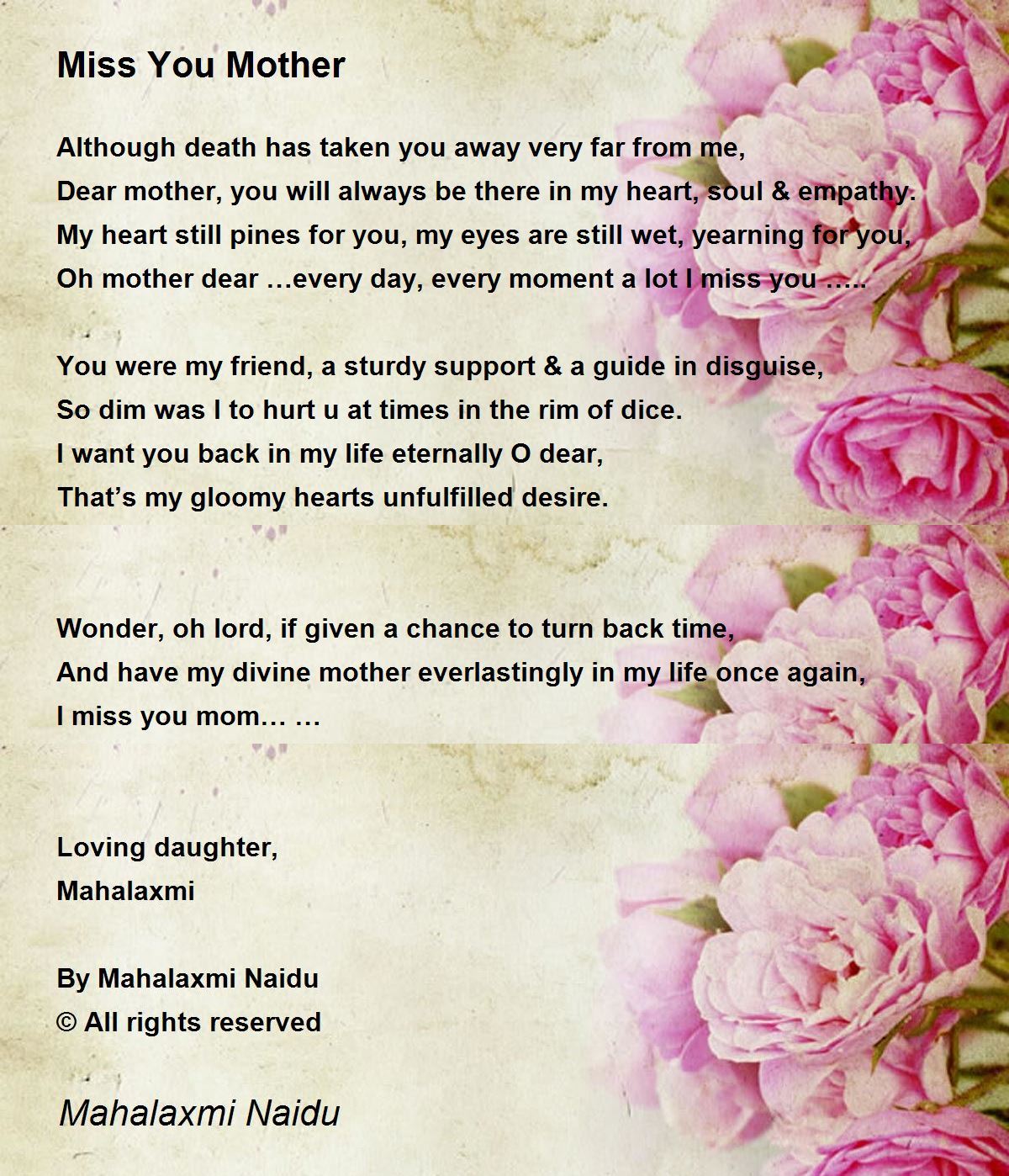 Miss You Mother Poem By Mahalaxmi Naidu