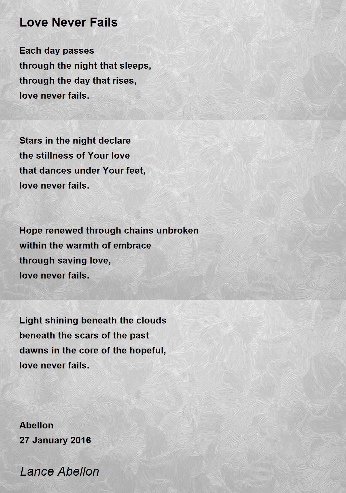 Love Never Fails - Love Never Fails Poem by Lance Abellon