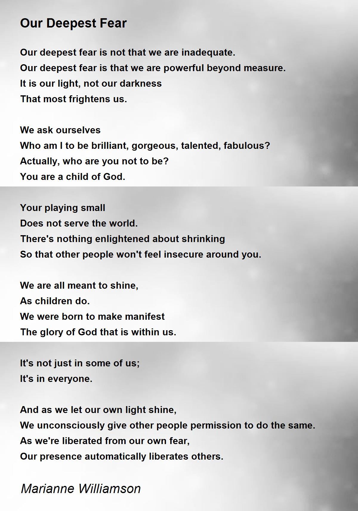 Our Deepest Fear - Our Deepest Fear Poem by Marianne Williamson