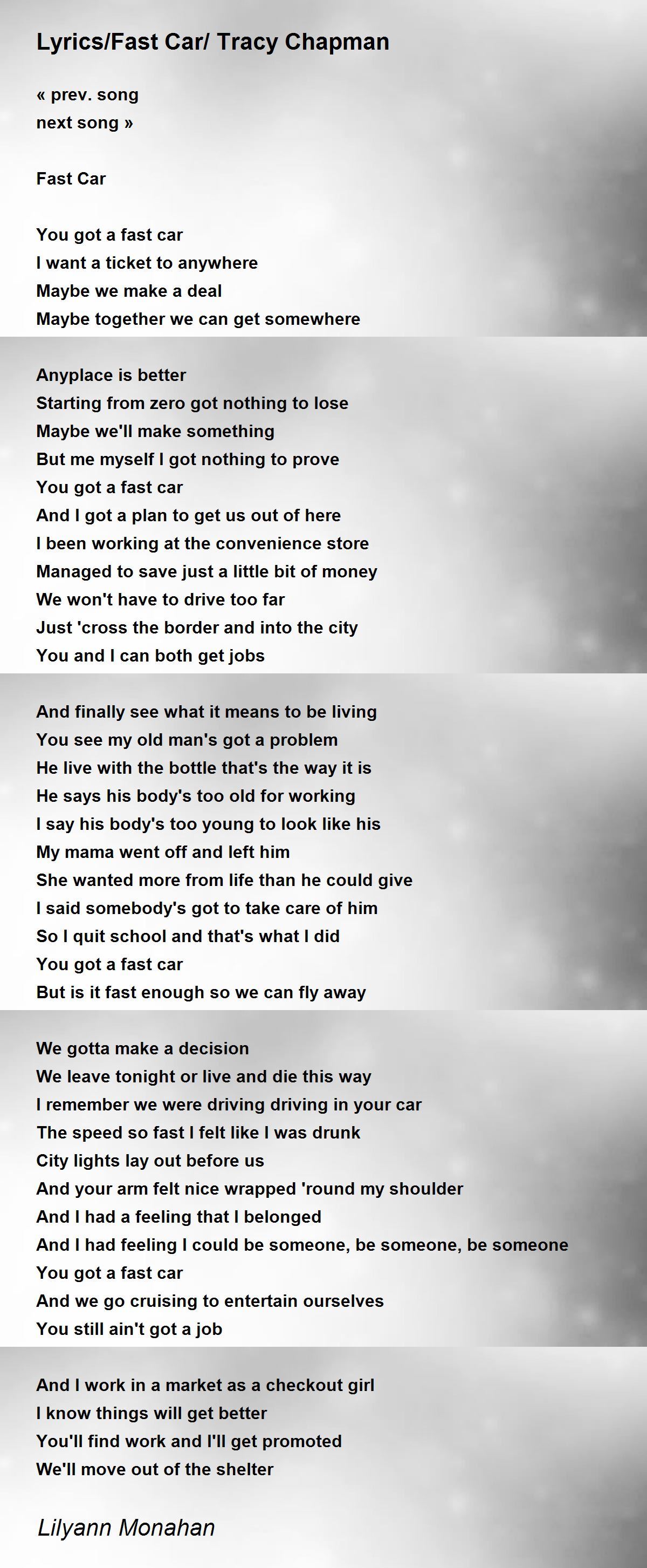 Fast Car Tracy Chapman Lyrics