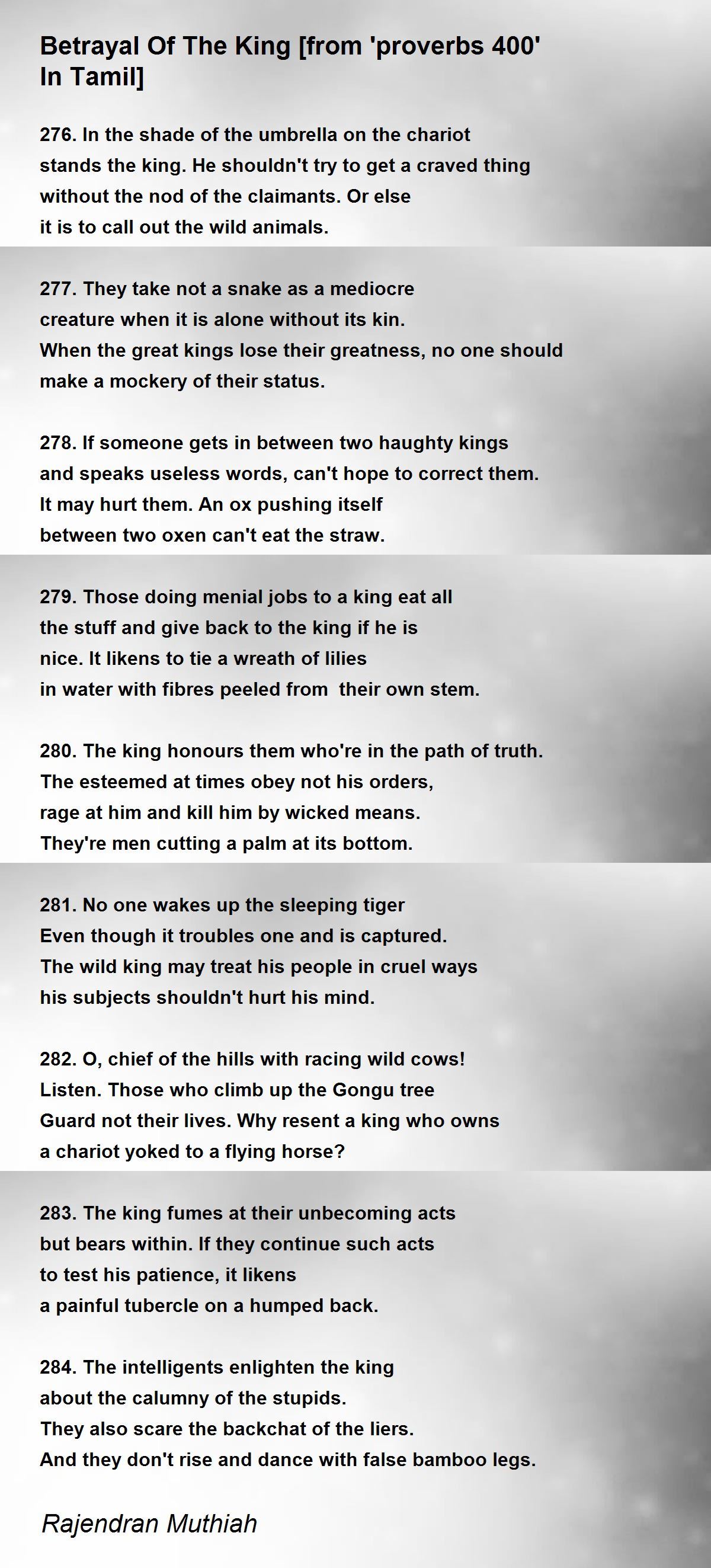 Betrayal Of The King [from 'proverbs 400' In Tamil] - Betrayal Of The King  [from 'proverbs 400' In Tamil] Poem by Rajendran Muthiah