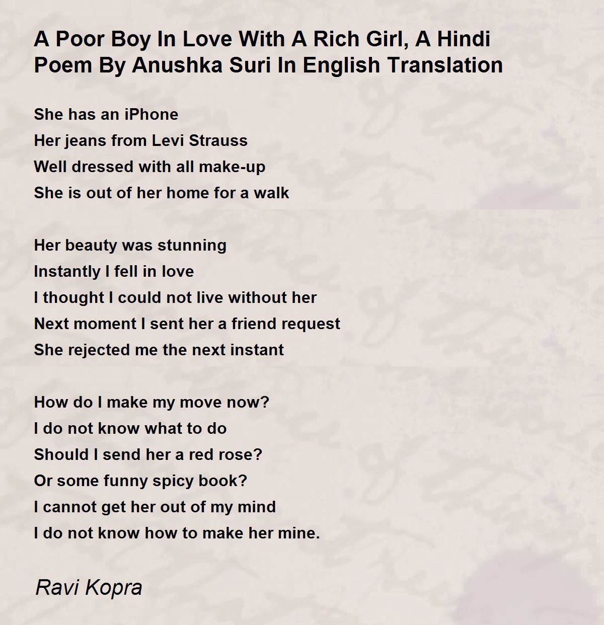 A Poor Boy In Love With A Rich Girl, A Hindi Poem By Anushka Suri In  English Translation - A Poor Boy In Love With A Rich Girl, A Hindi Poem By